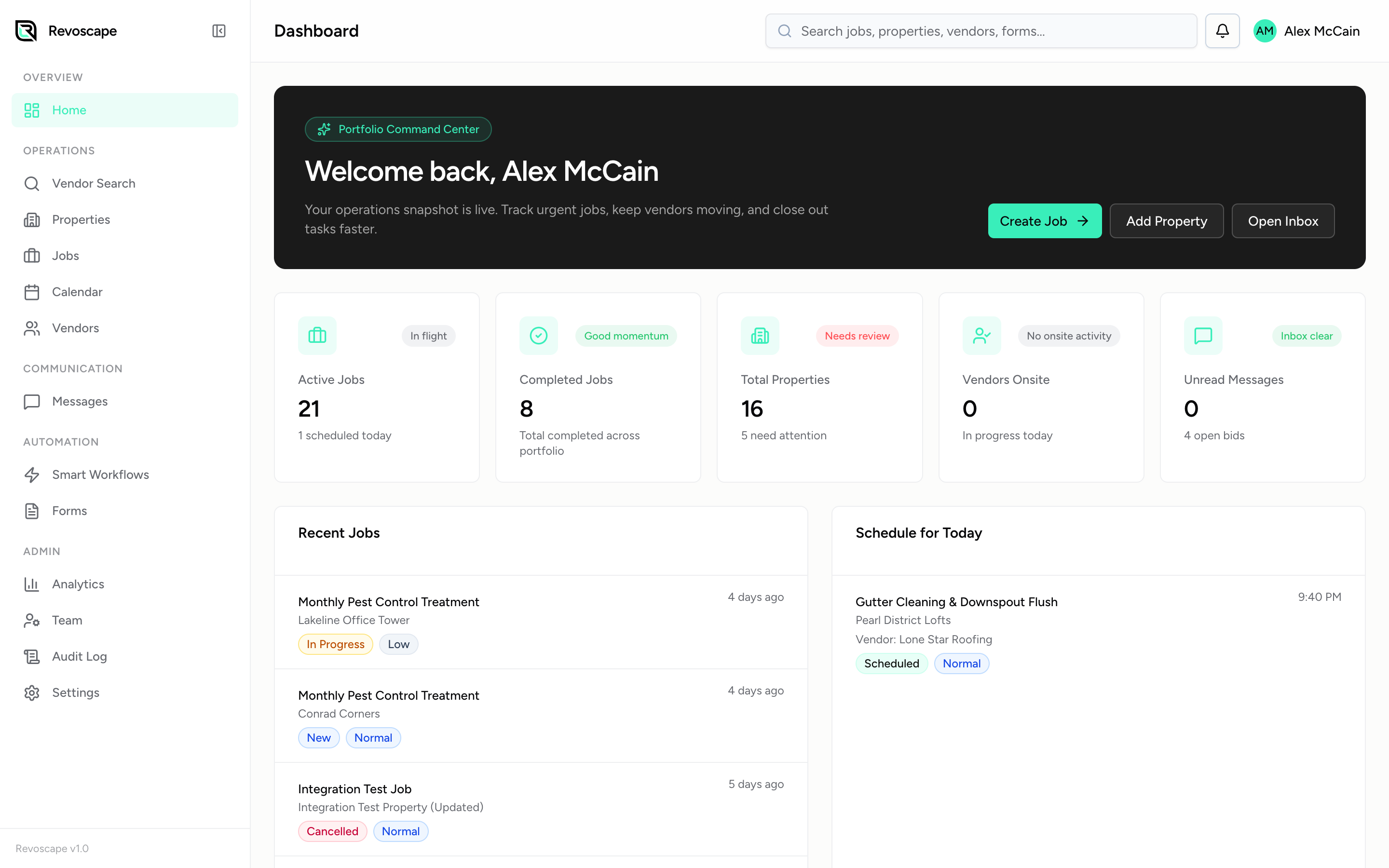 Revoscape dashboard with jobs, vendors, and messages in one view