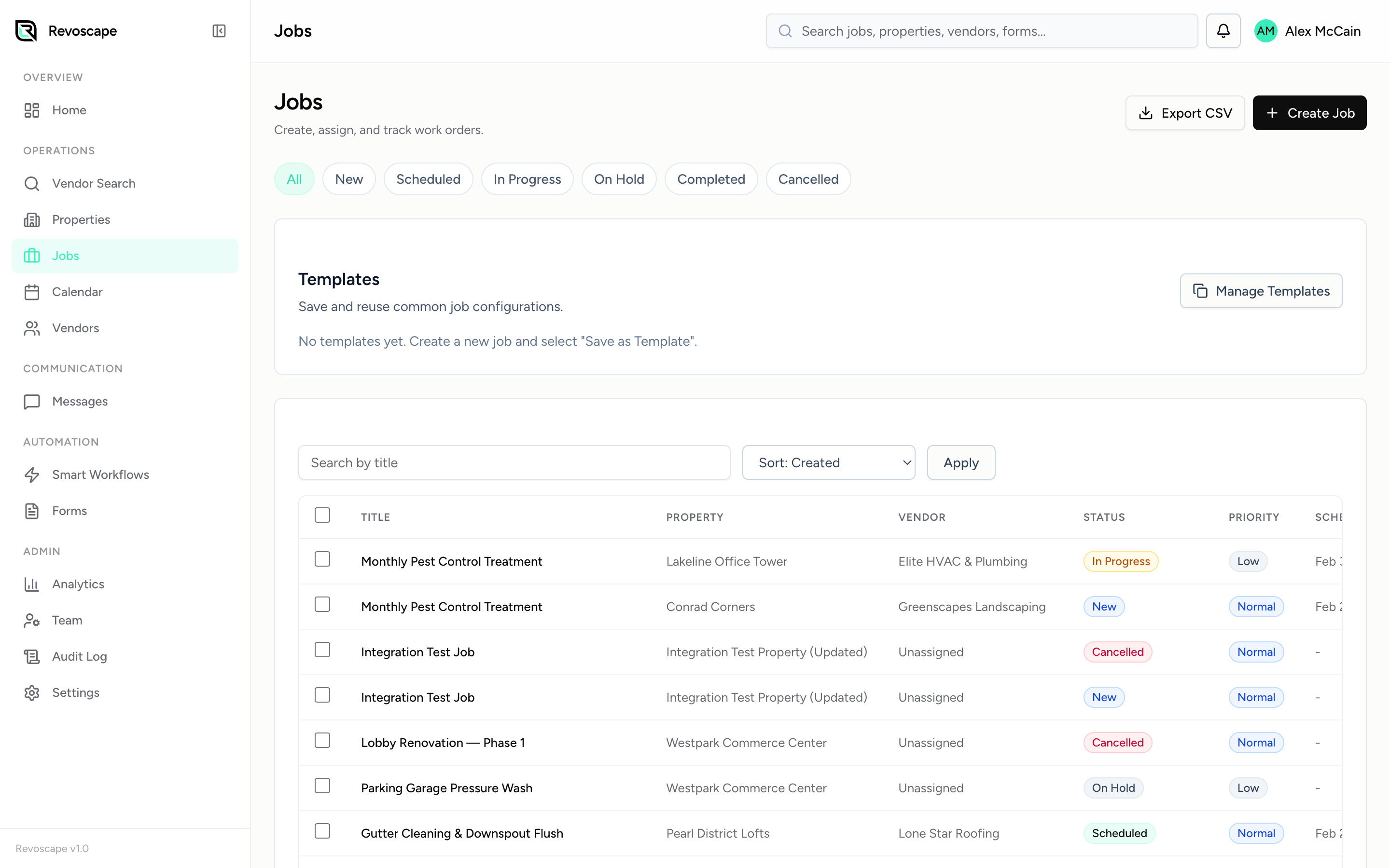 Work order view showing job assignments, vendor status, and progress tracking