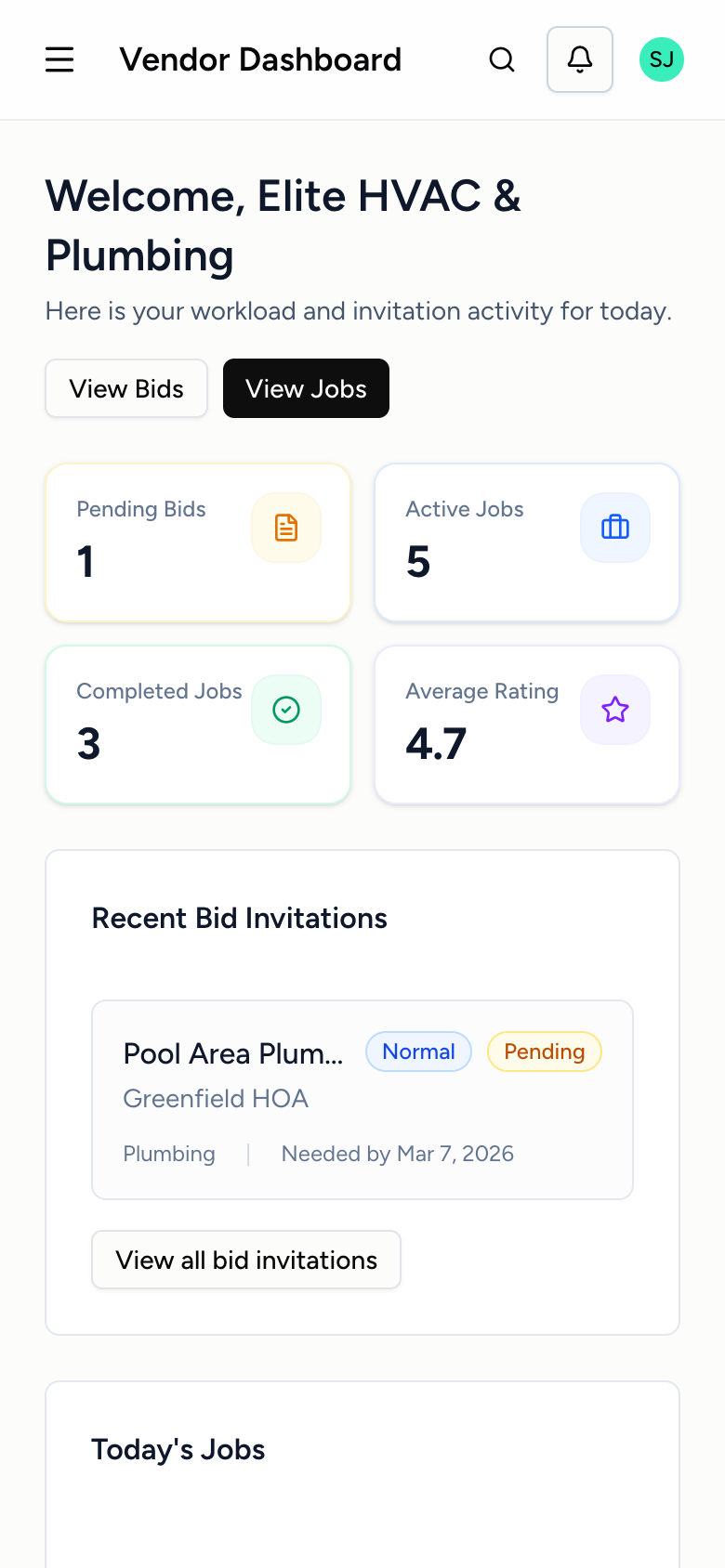 Vendor mobile app dashboard with job overview